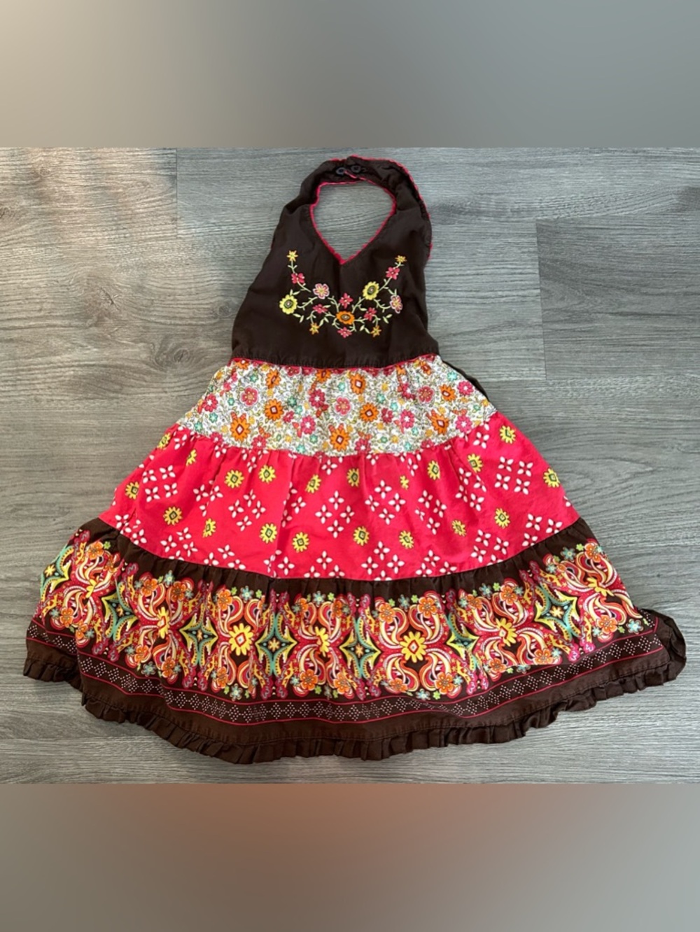 Blueberi Boulevard Brown & Pink Floral Halter Tiered Dress size 6
